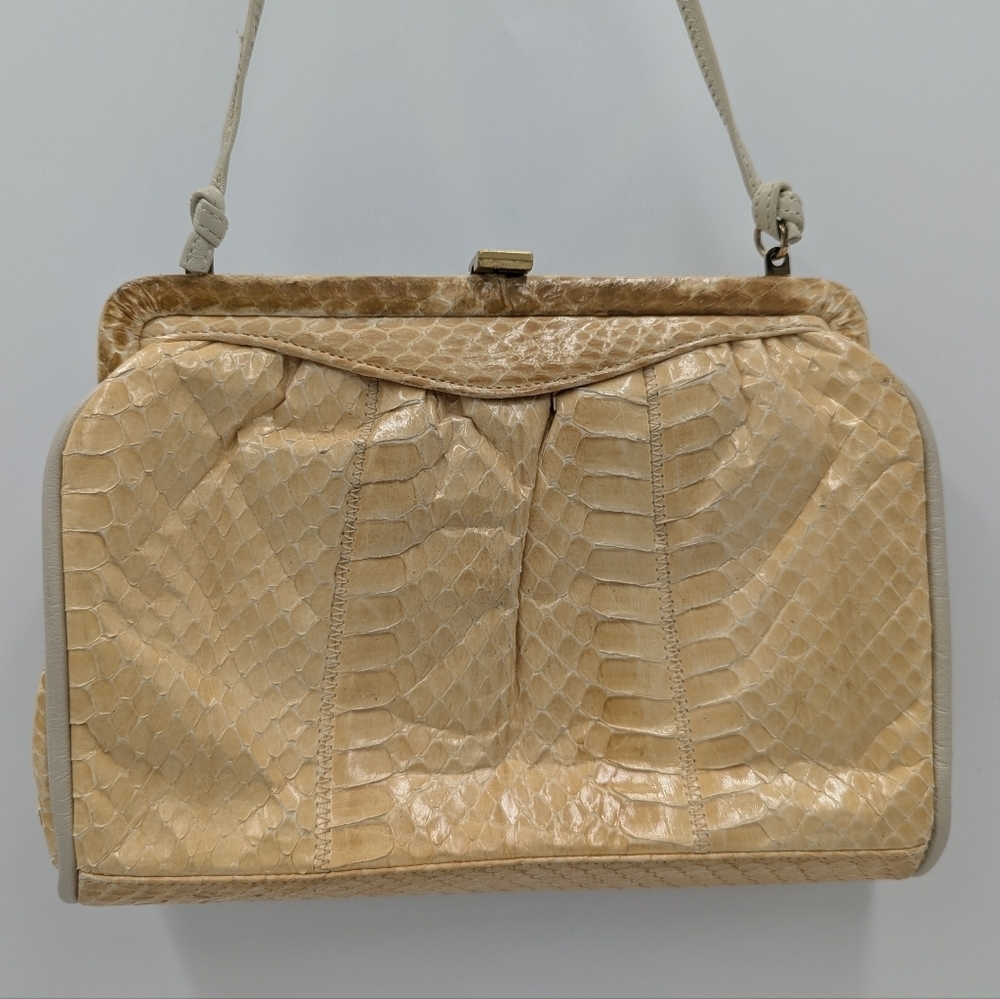 Vintage Palizzio Genuine Snakeskin Handbag Gold Frame Purse Exotic Leather Brown